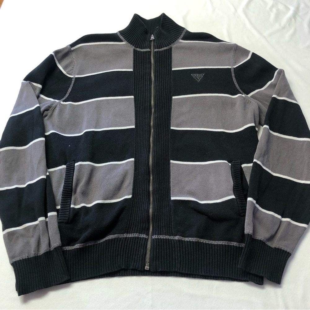 GUESS Grey & Black Long Sleeve Zip Up Striped Knit Cardigan Sweater Size Large